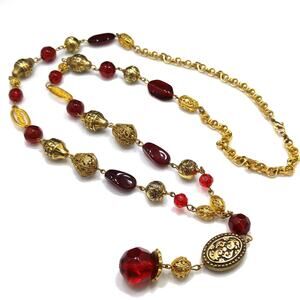Vintage Long Tassel Necklace, Large Red Lucite & Filigree beads, Wire Wrapped